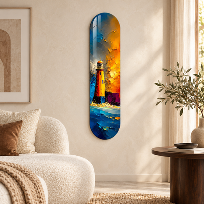 Altın ve Mavi Soyut Deniz Feneri Dikey Skate Board Cam Tablo - salon