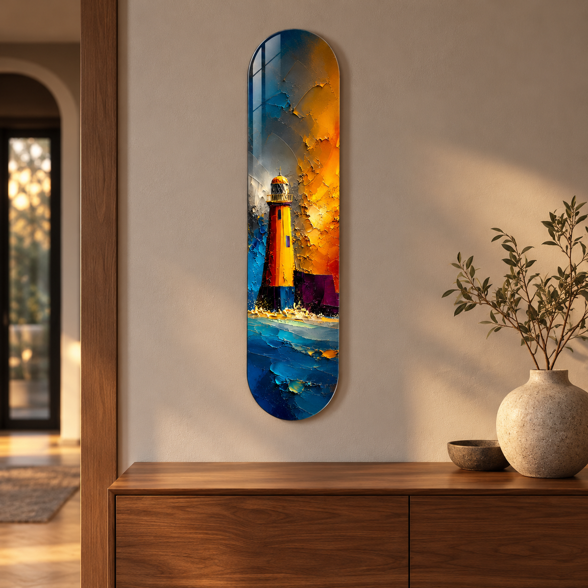 Altın ve Mavi Soyut Deniz Feneri Dikey Skate Board Cam Tablo - konsol