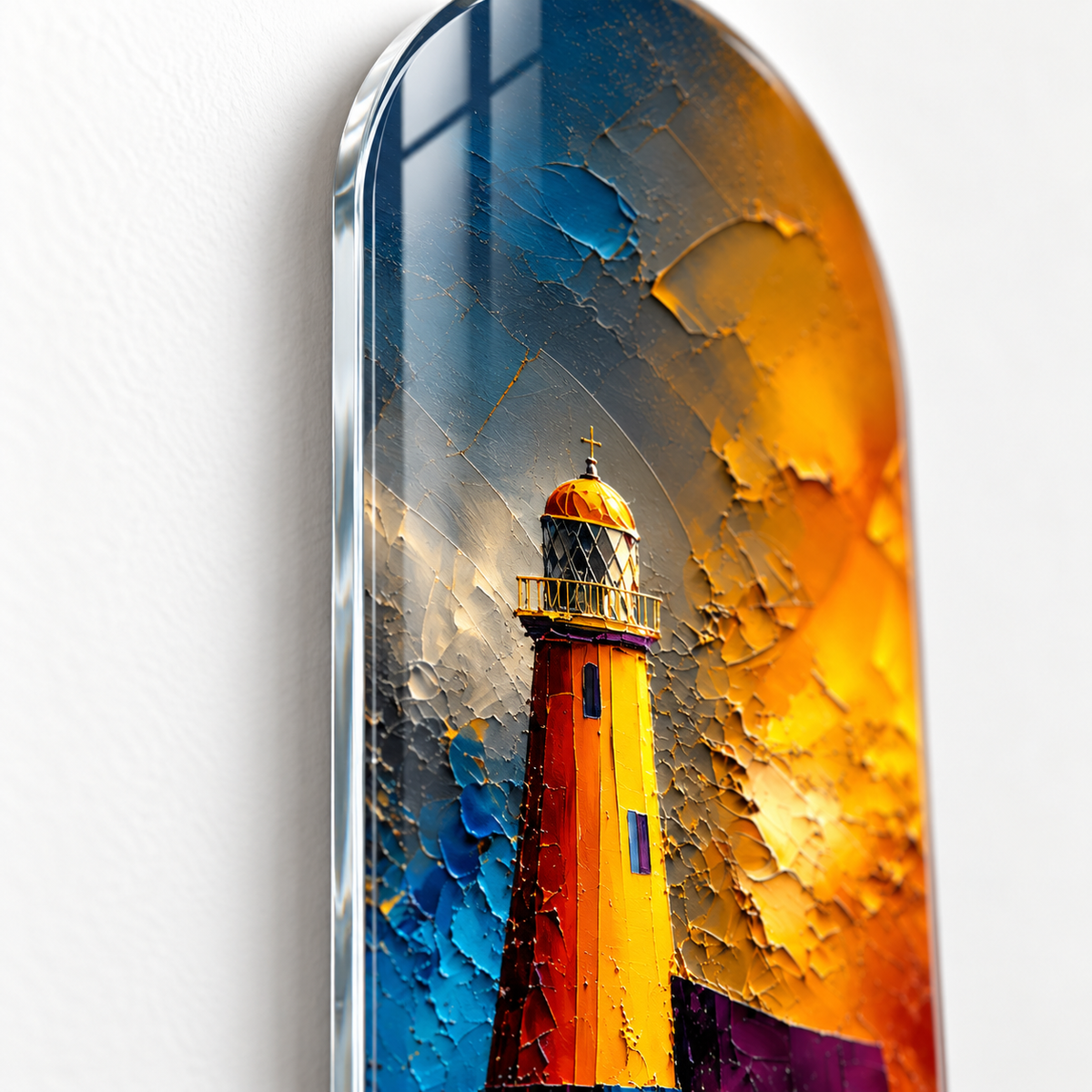 Altın ve Mavi Soyut Deniz Feneri Dikey Skate Board Cam Tablo - cam-kenari