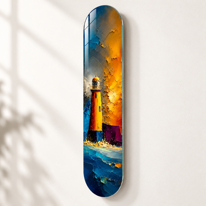 Altın ve Mavi Soyut Deniz Feneri Dikey Skate Board Cam Tablo - duvar-mesafesi