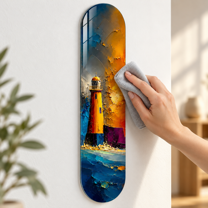 Altın ve Mavi Soyut Deniz Feneri Dikey Skate Board Cam Tablo - temizlik