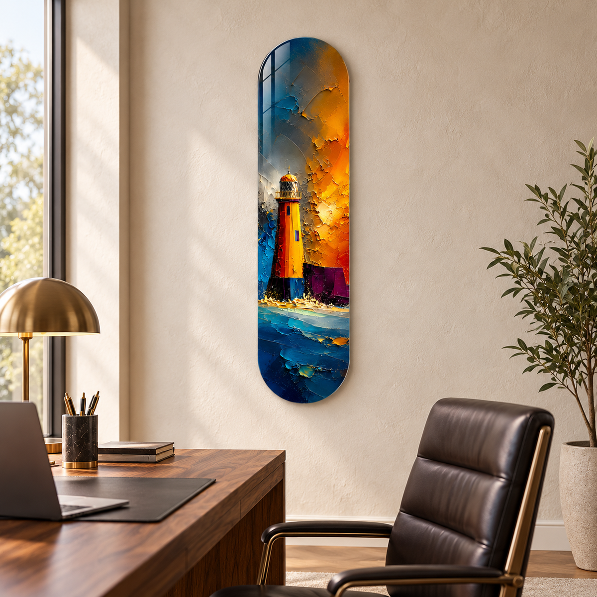Altın ve Mavi Soyut Deniz Feneri Dikey Skate Board Cam Tablo - ofis