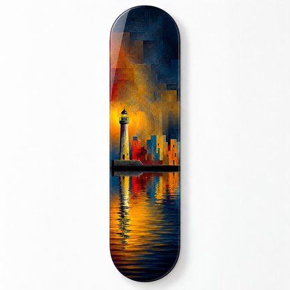 Gece Işığında Deniz Feneri ve Kent Dikey Skate Board Cam Tablo - katalog