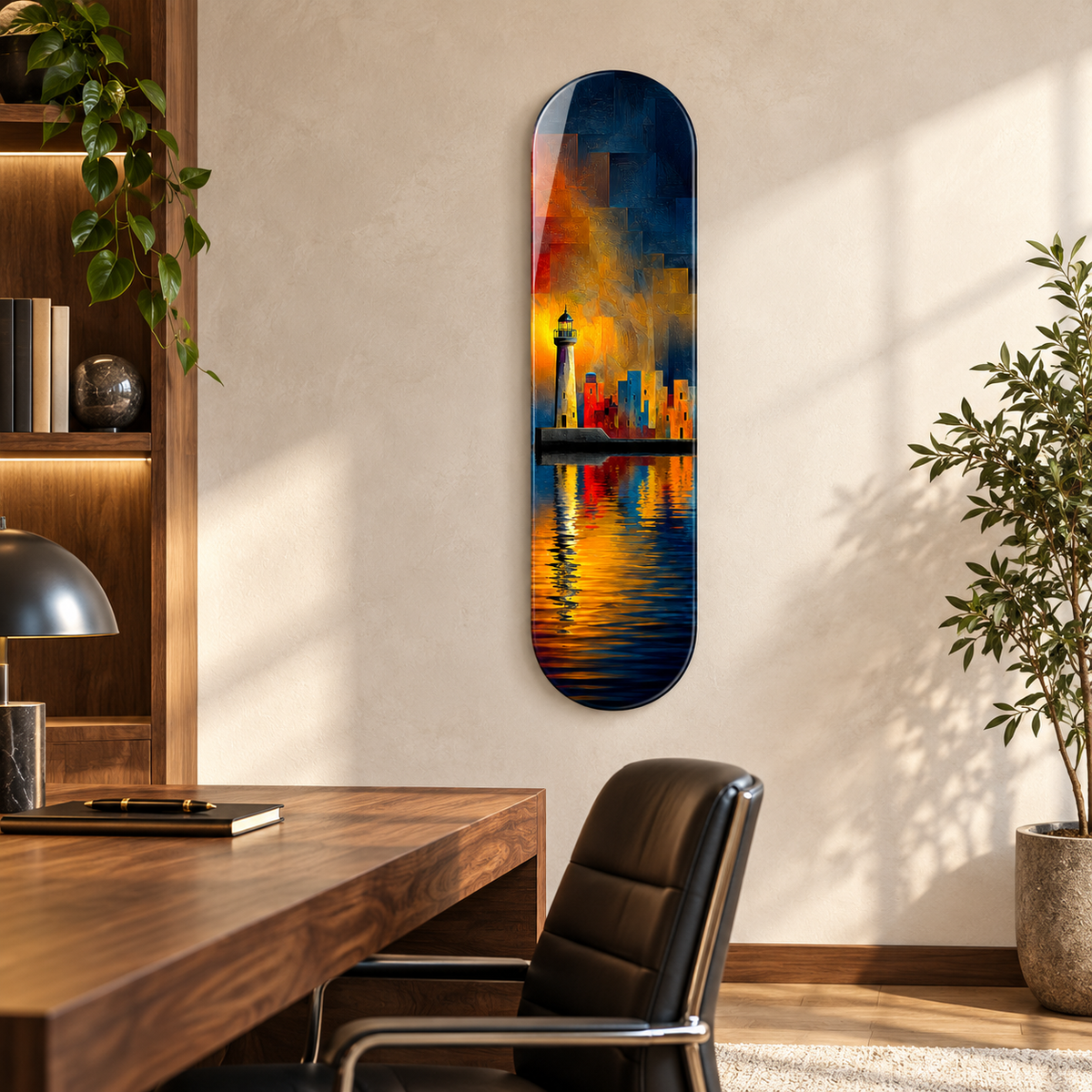 Gece Işığında Deniz Feneri ve Kent Dikey Skate Board Cam Tablo - ofis