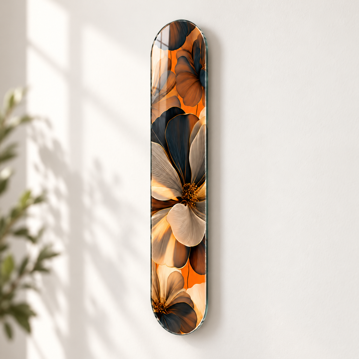 Turuncu Zeminde Krem ve Antrasit Çiçekler Dikey Skate Board Cam Tablo - açılı duvar görünümü