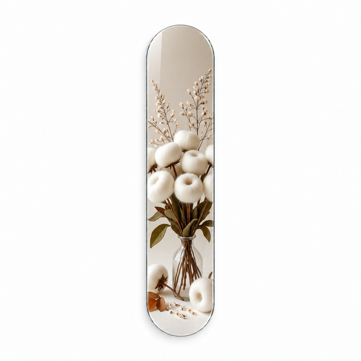 Cam Vazoda Beyaz Pamuk Buketi Dikey Skate Board Cam Tablo - beyaz vitrin