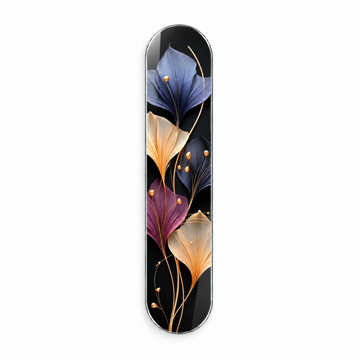 Siyah Zeminde Mor Krem ve Mavi Ginkgo Dikey Skate Board Cam Tablo - beyaz vitrin
