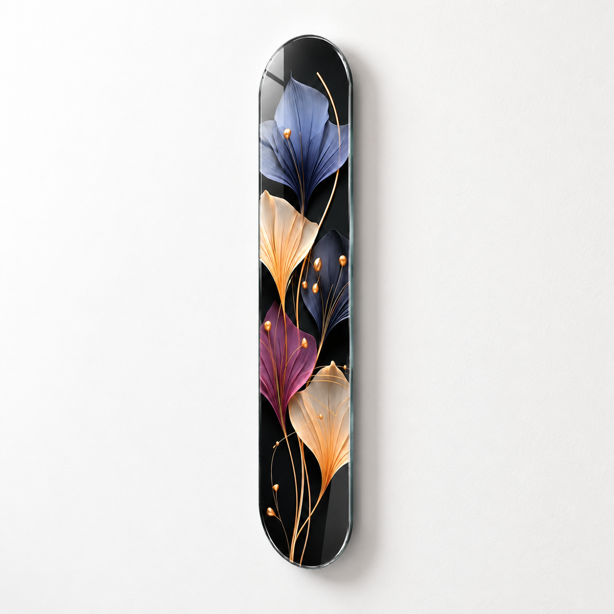 Siyah Zeminde Mor Krem ve Mavi Ginkgo Dikey Skate Board Cam Tablo - açılı duvar görünümü