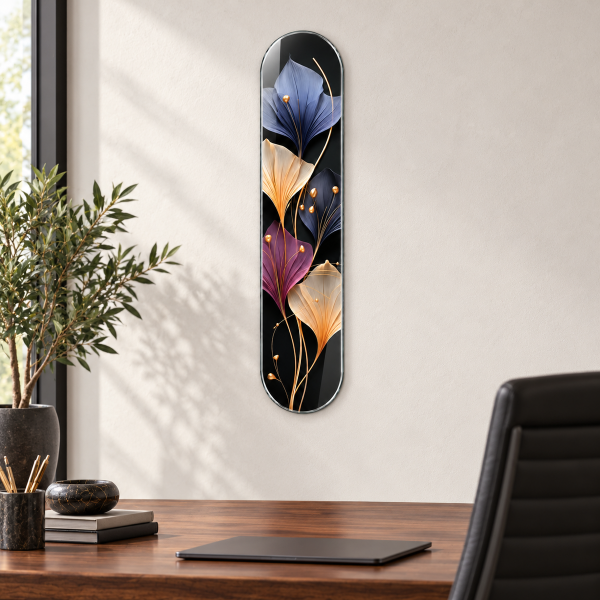 Siyah Zeminde Mor Krem ve Mavi Ginkgo Dikey Skate Board Cam Tablo - ofis