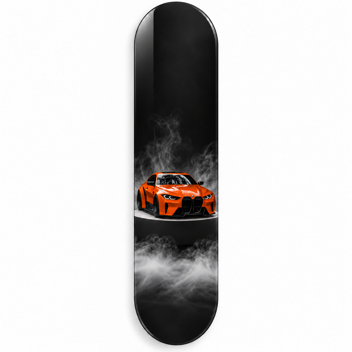 Dumanlı Zeminde Turuncu Spor Otomobil Dikey Skate Board Cam Tablo – Vitrin