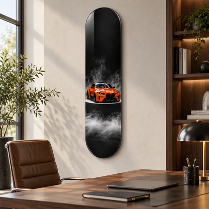 Dumanlı Zeminde Turuncu Spor Otomobil Dikey Skate Board Cam Tablo – Çalışma odası