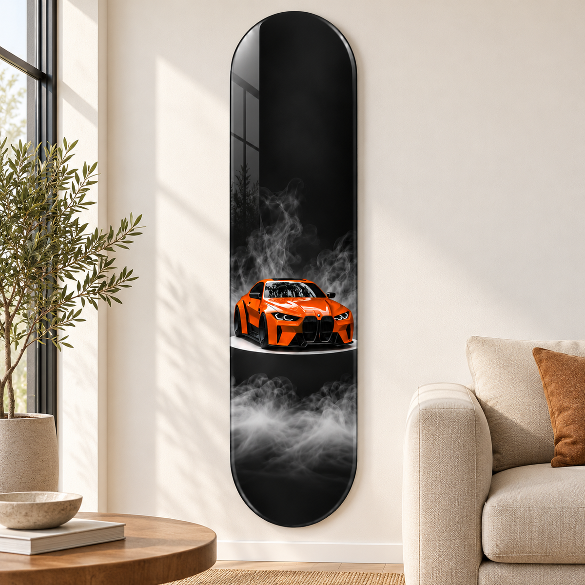 Dumanlı Zeminde Turuncu Spor Otomobil Dikey Skate Board Cam Tablo – Salon