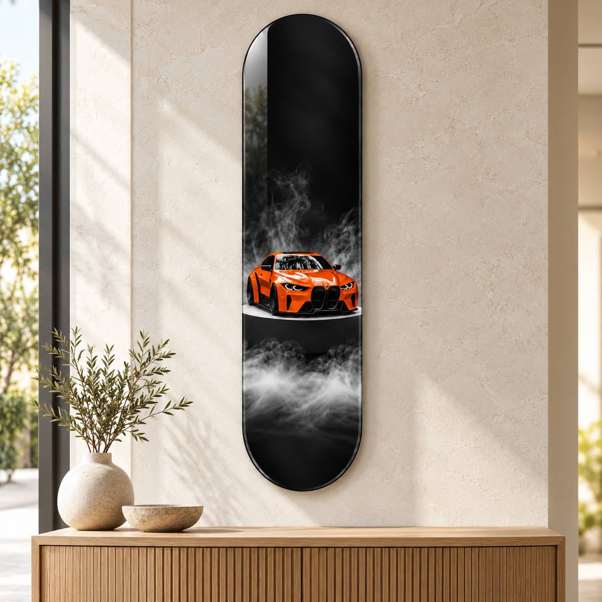 Dumanlı Zeminde Turuncu Spor Otomobil Dikey Skate Board Cam Tablo – Konsol