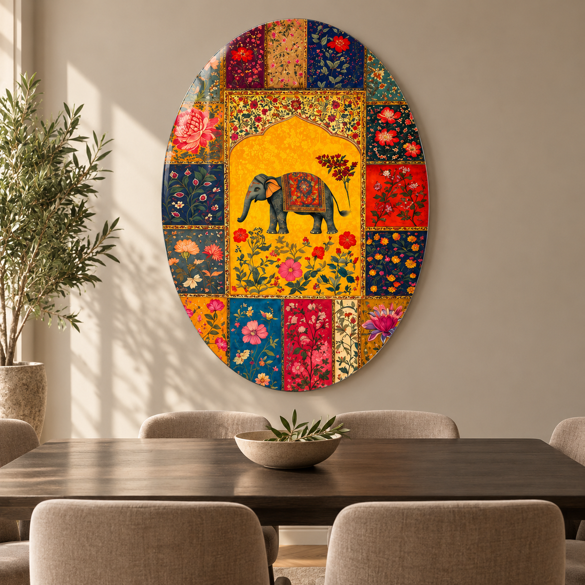 Fil ve Çiçek Motifli Dikey Oval Cam Tablo - Yemek odası