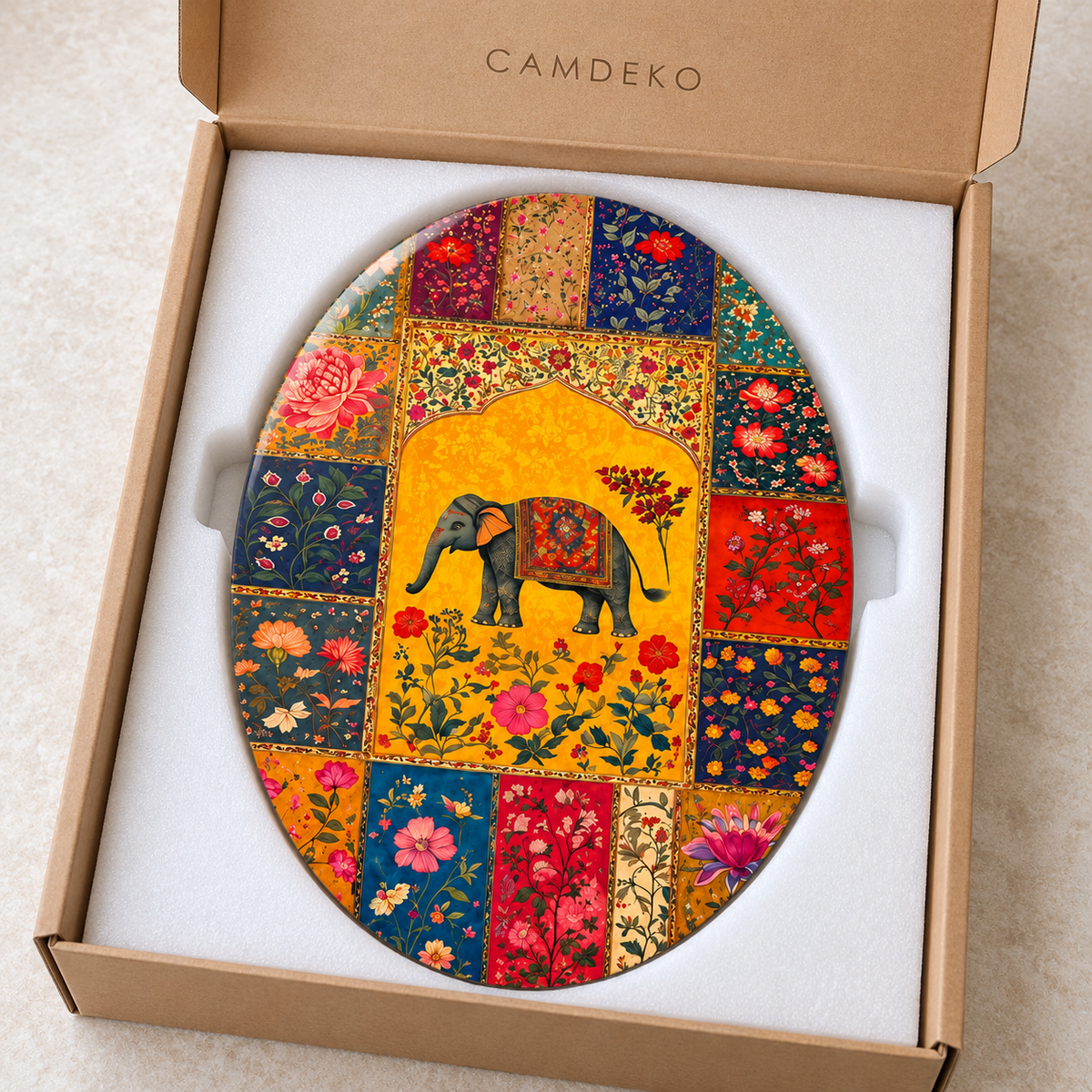 Fil ve Çiçek Motifli Dikey Oval Cam Tablo - Koruyucu paketleme
