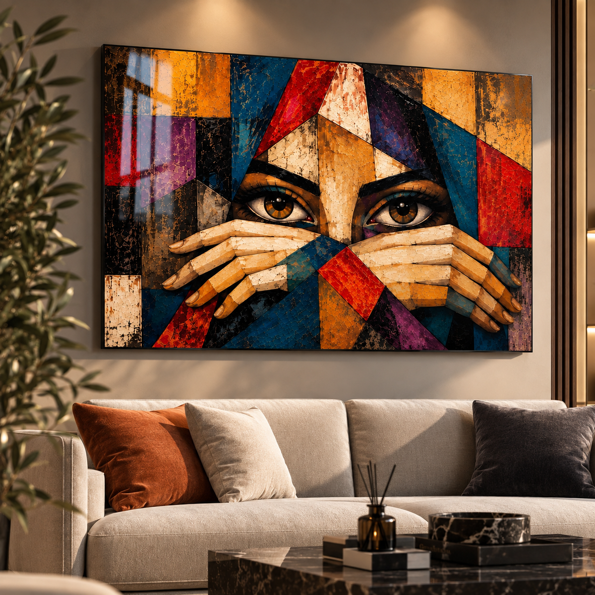 Geometrik kadın portresi yatay cam tablo modern salon