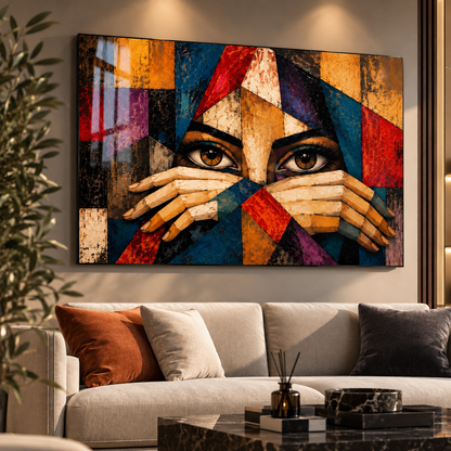 Geometrik kadın portresi yatay cam tablo modern salon
