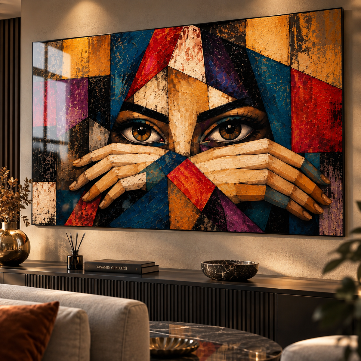Geometrik kadın portresi yatay cam tablo premium salon