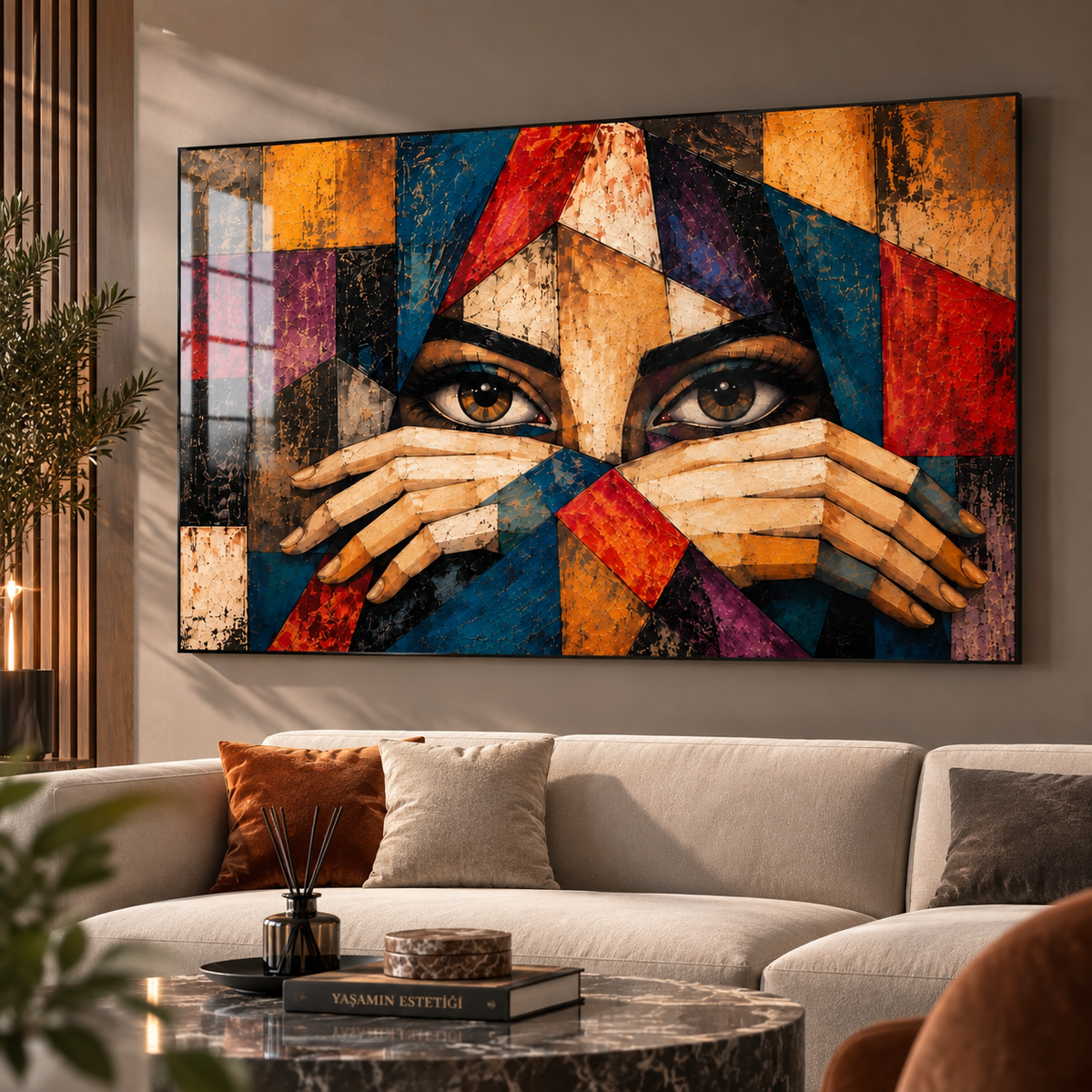 Geometrik kadın portresi yatay cam tablo farklı mekan