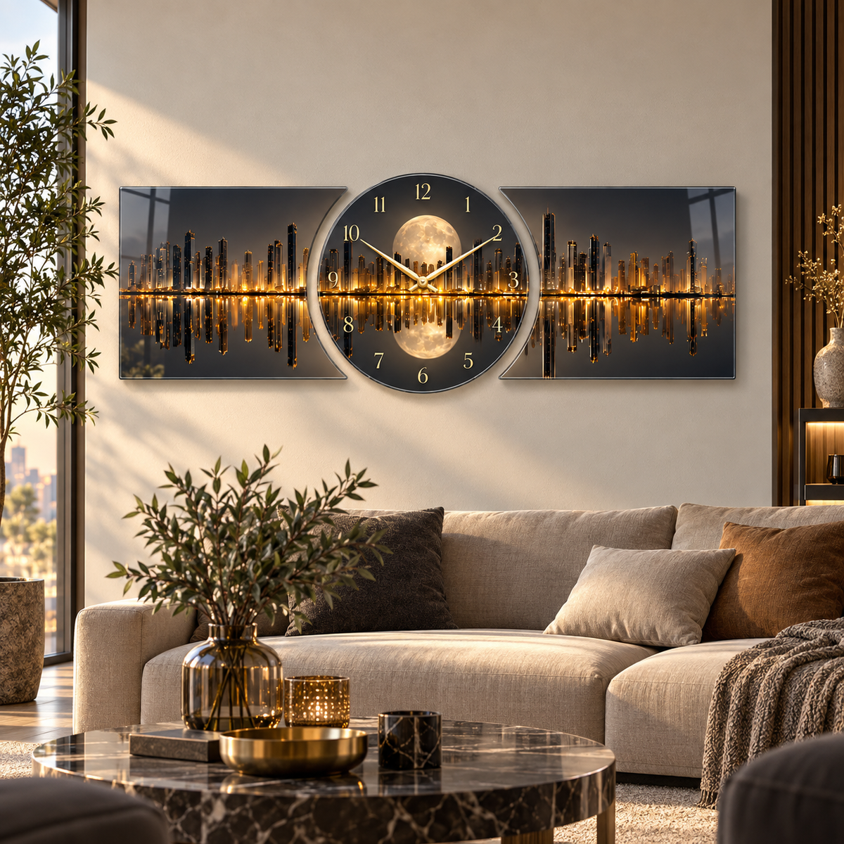Gold ay ışığı şehir manzarası saatli şekilli kesim cam saat salon görünümü