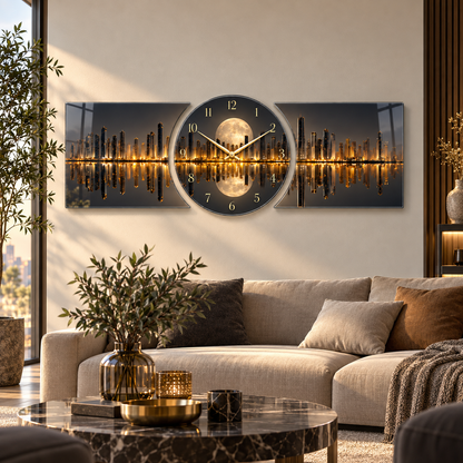 Gold ay ışığı şehir manzarası saatli şekilli kesim cam saat salon görünümü