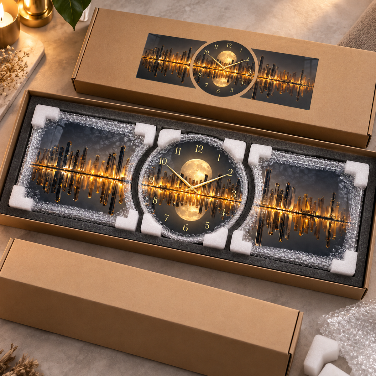 Gold ay ışığı şehir manzarası saatli cam saat koruyucu paketleme detayı