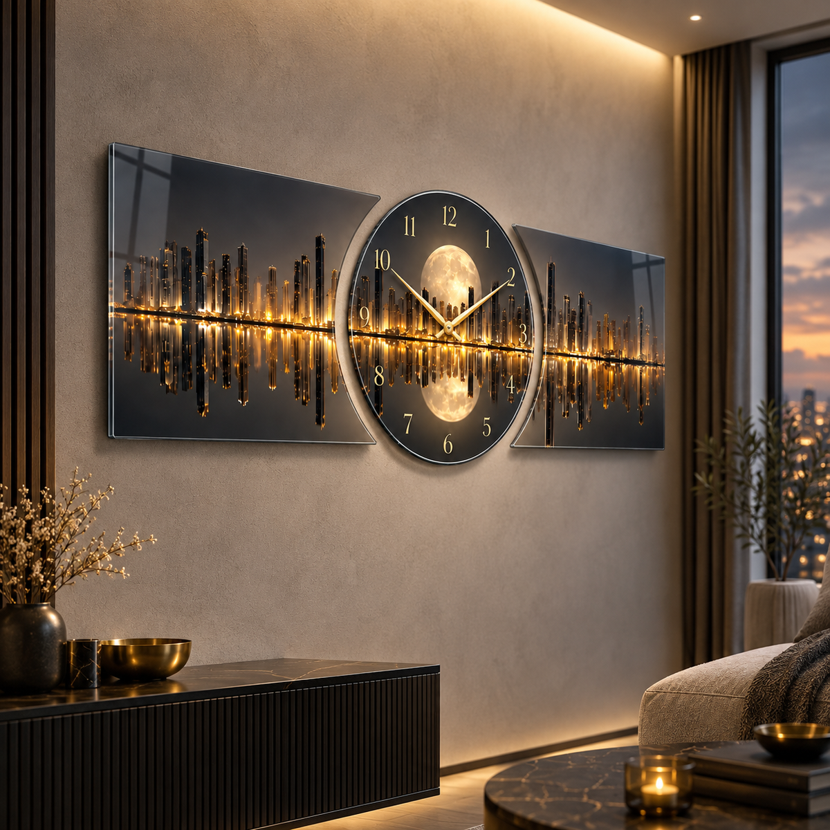 Gold ay ışığı şehir manzarası saatli şekilli kesim cam saat alternatif salon görünümü