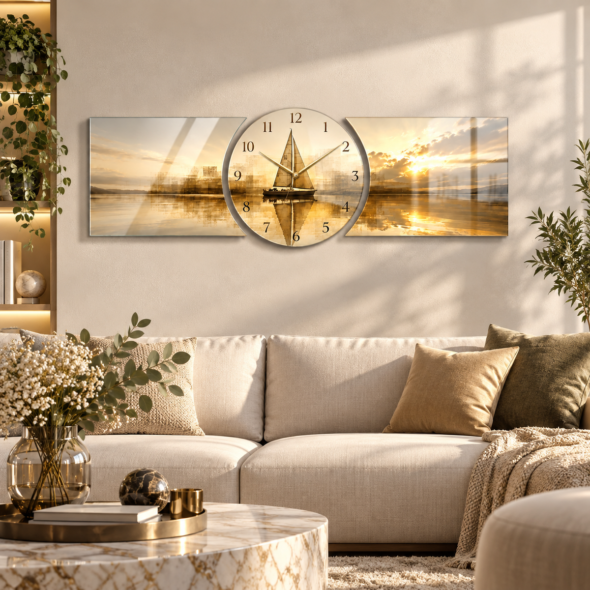 Gold gün batımı yelkenli saatli cam tablo modern salon görünümü