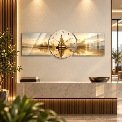 Gold gün batımı yelkenli saatli cam tablo modern ofis görünümü