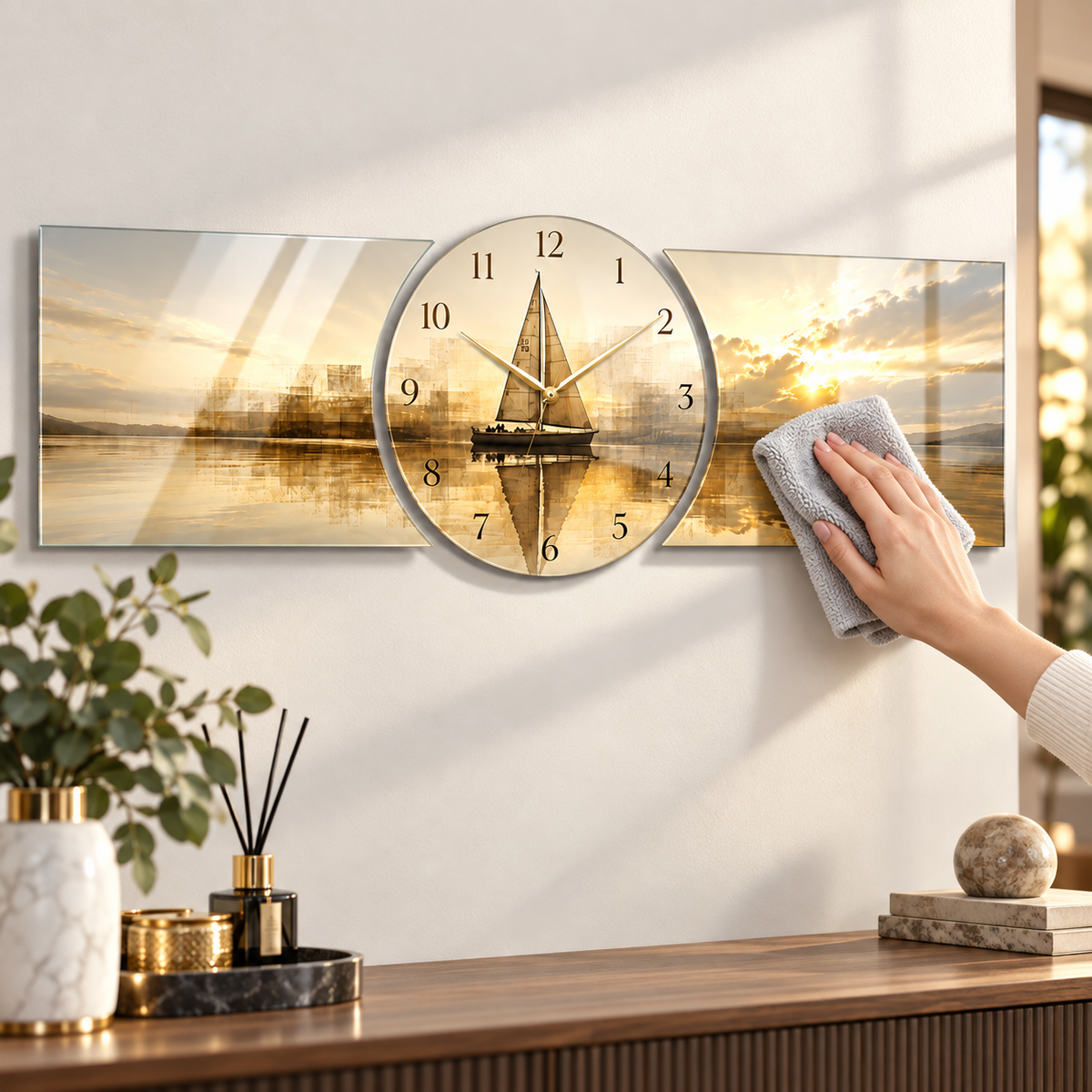Gold gün batımı yelkenli saatli cam tablo kolay temizlik detayı