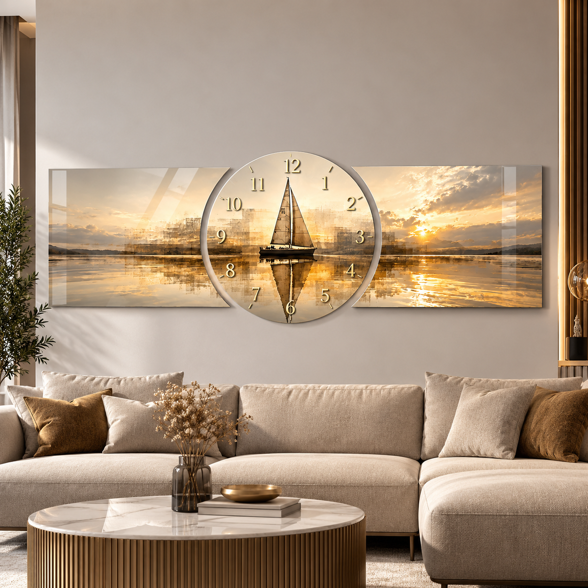 Gold gün batımı yelkenli saatli cam tablo alternatif salon görünümü