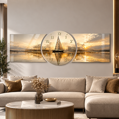 Gold gün batımı yelkenli saatli cam tablo alternatif salon görünümü