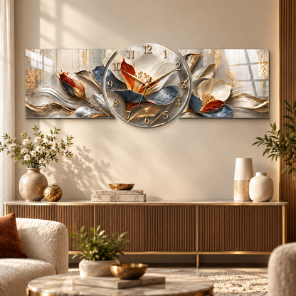 Gold lacivert krem çiçek saatli cam tablo modern salon görünümü