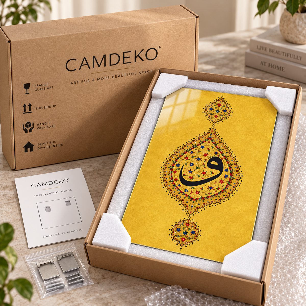 Gold Tezhip Vav Harfi Dikey Cam Tablo güvenli paketleme ve koruyucu kargo detayı