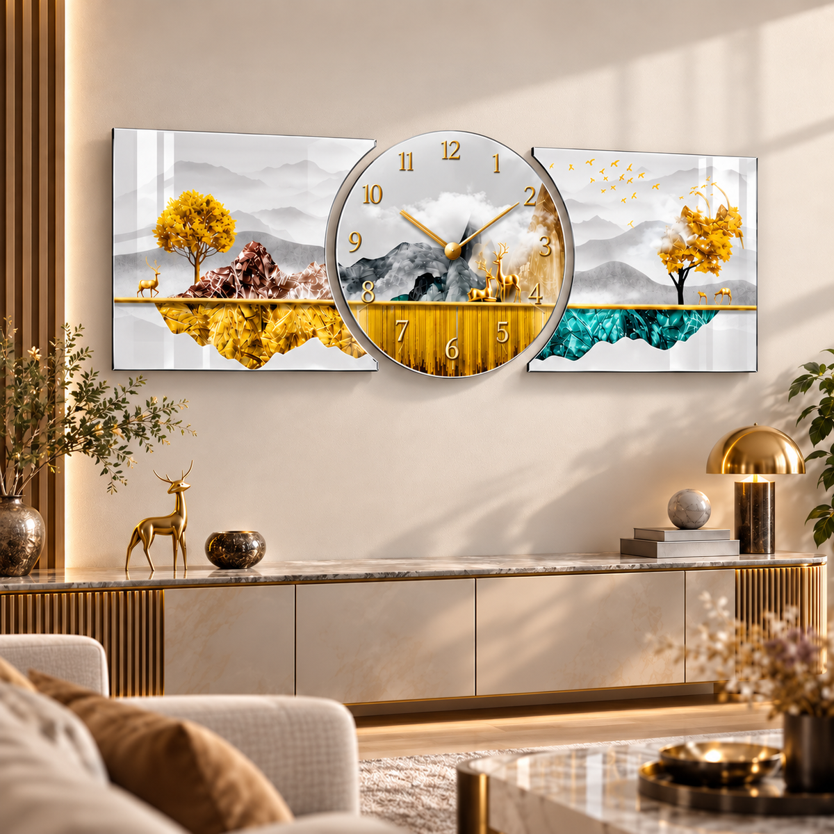 Gold turkuaz dağ manzaralı saatli cam tablo seti salon uygulaması