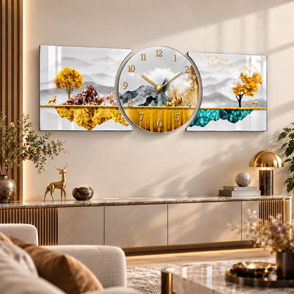 Gold turkuaz dağ manzaralı saatli cam tablo seti salon uygulaması