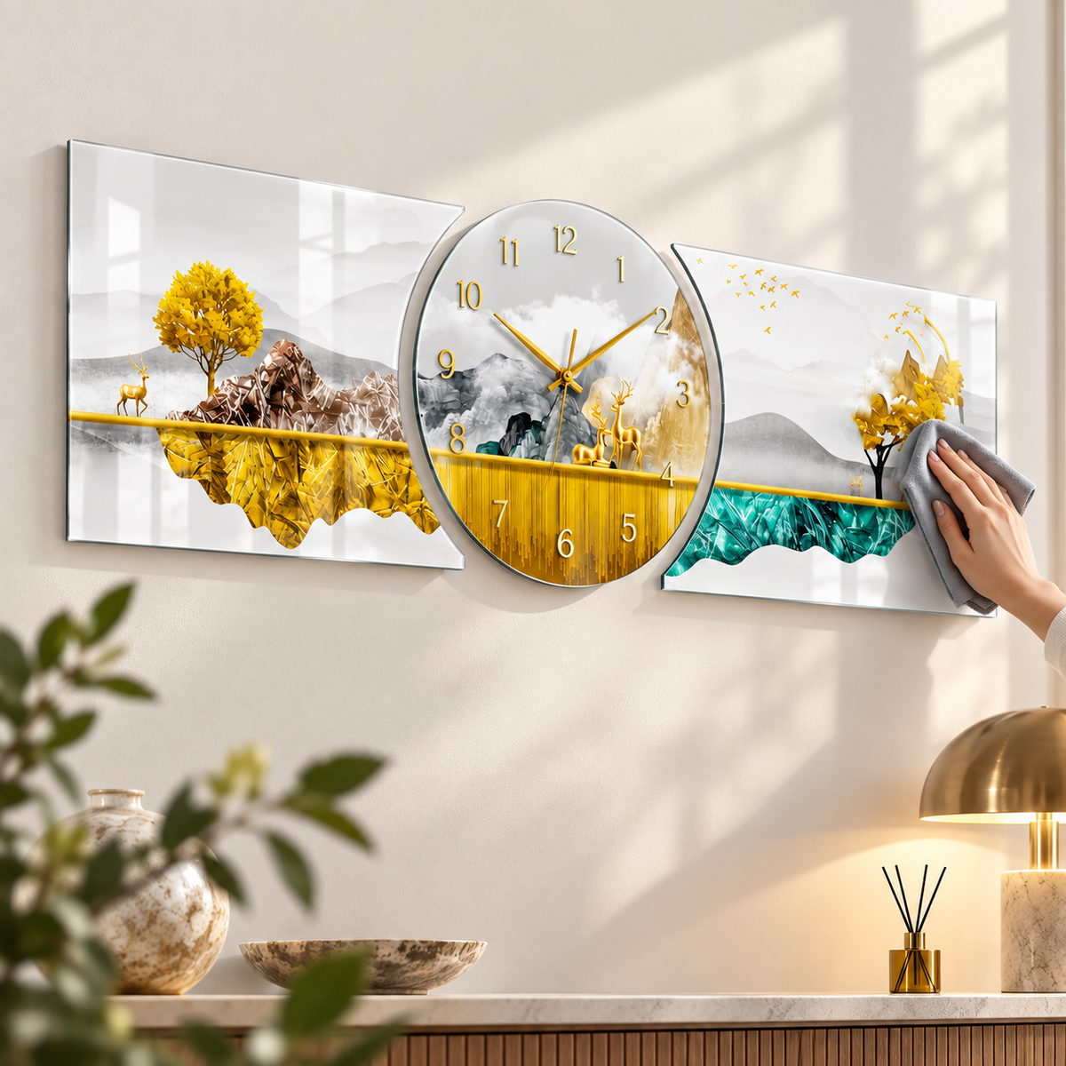 Gold turkuaz dağ manzaralı cam saat yumuşak bezle temizlik detayı