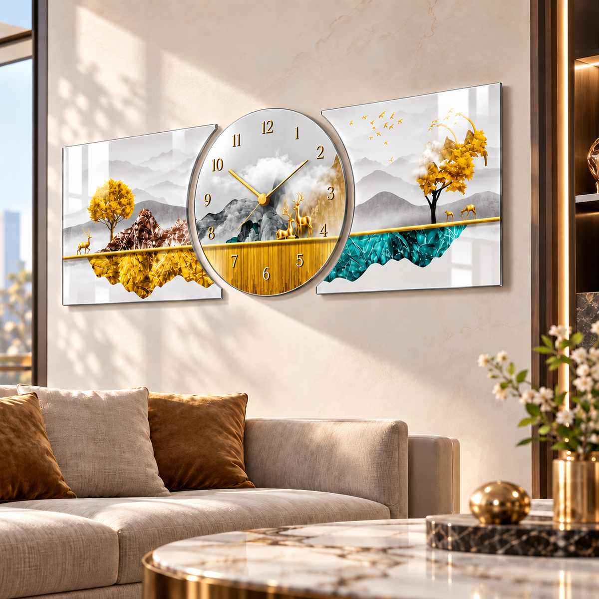 Gold turkuaz dağ manzaralı saatli cam tablo seti modern salon
