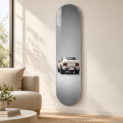Gri Zeminde Beyaz Klasik Mustang Dikey Skate Board Cam Tablo – Salon