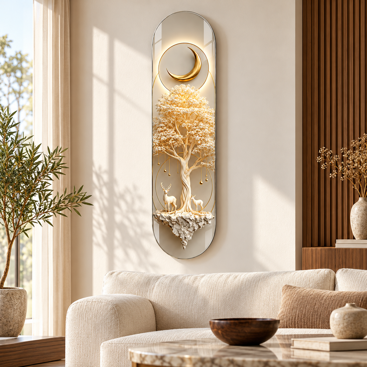 Gold Hilal, Fildişi Ağaç ve Geyikler Dikey Cam Tablo - salon