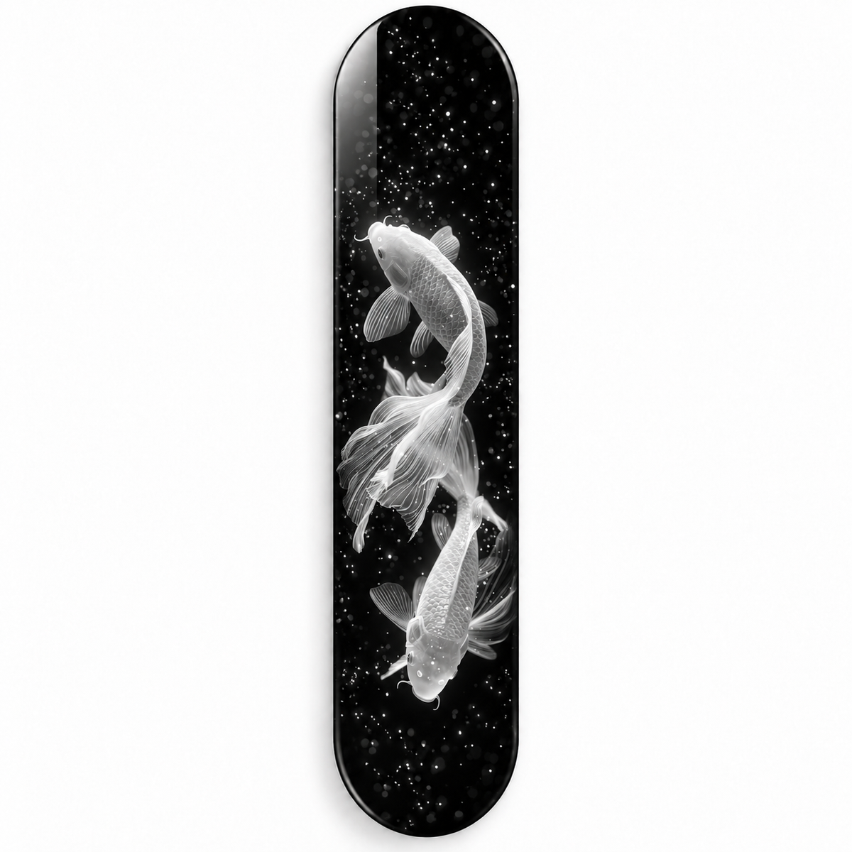 Işıltılı Beyaz Koi Balıkları Dikey Skate Board Cam Tablo – Beyaz fonda ön görünüm