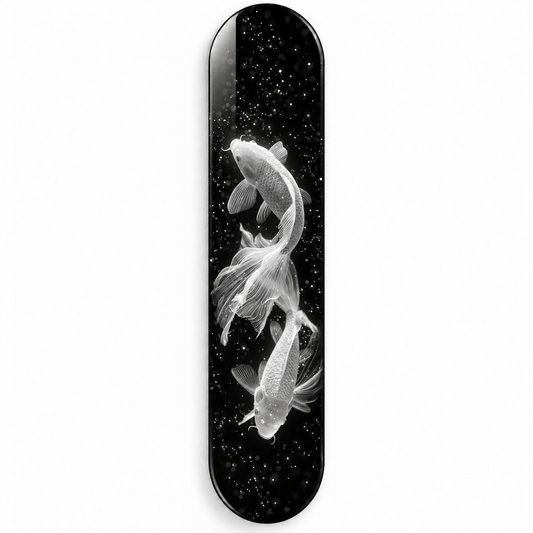 Işıltılı Beyaz Koi Balıkları Dikey Skate Board Cam Tablo – Beyaz fonda ön görünüm
