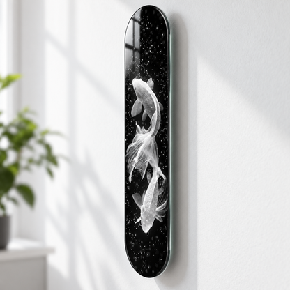 Işıltılı Beyaz Koi Balıkları Dikey Skate Board Cam Tablo – Duvar mesafesi