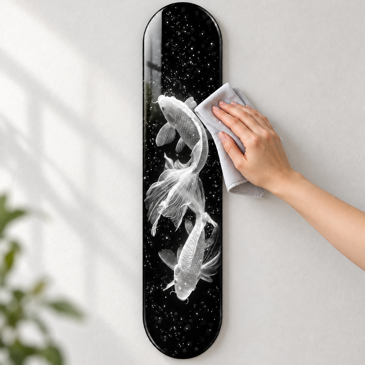 Işıltılı Beyaz Koi Balıkları Dikey Skate Board Cam Tablo – Mikrofiber bezle bakım