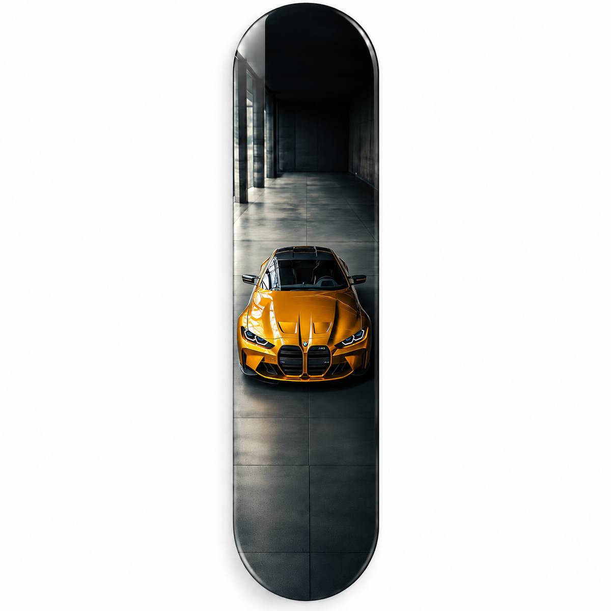 Karanlık Garajda Altın Renkli Spor Otomobil Dikey Skate Board Cam Tablo – Vitrin