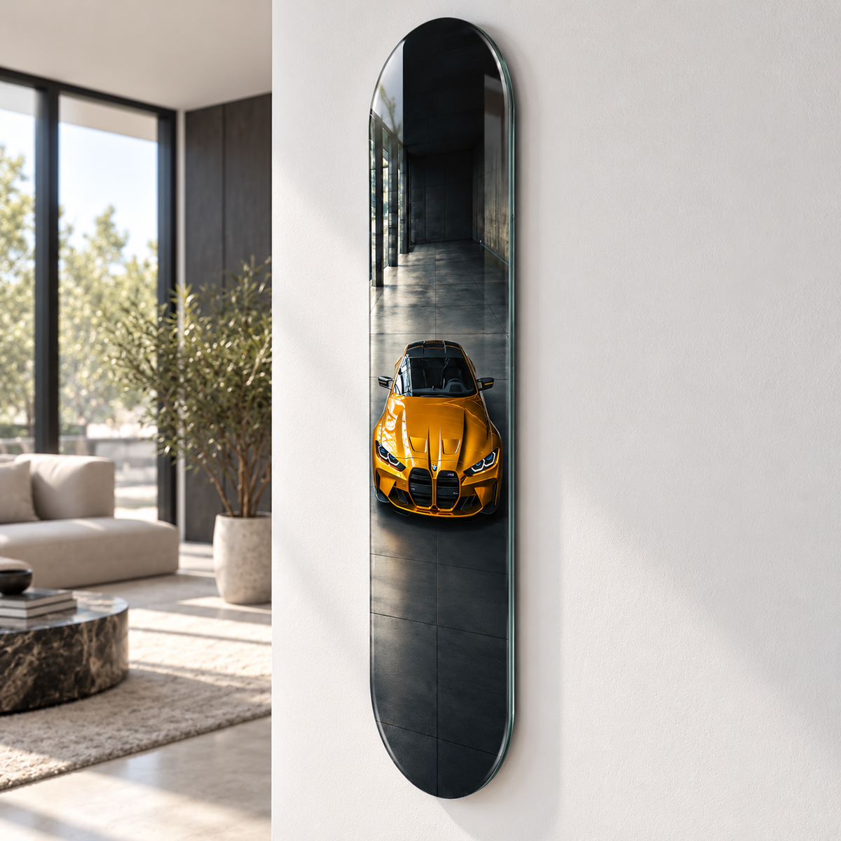 Karanlık Garajda Altın Renkli Spor Otomobil Dikey Skate Board Cam Tablo – Açılı görünüm