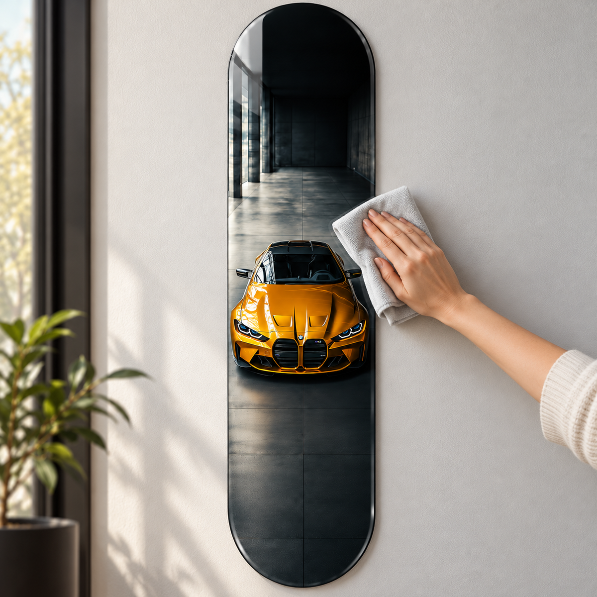 Karanlık Garajda Altın Renkli Spor Otomobil Dikey Skate Board Cam Tablo – Bakım