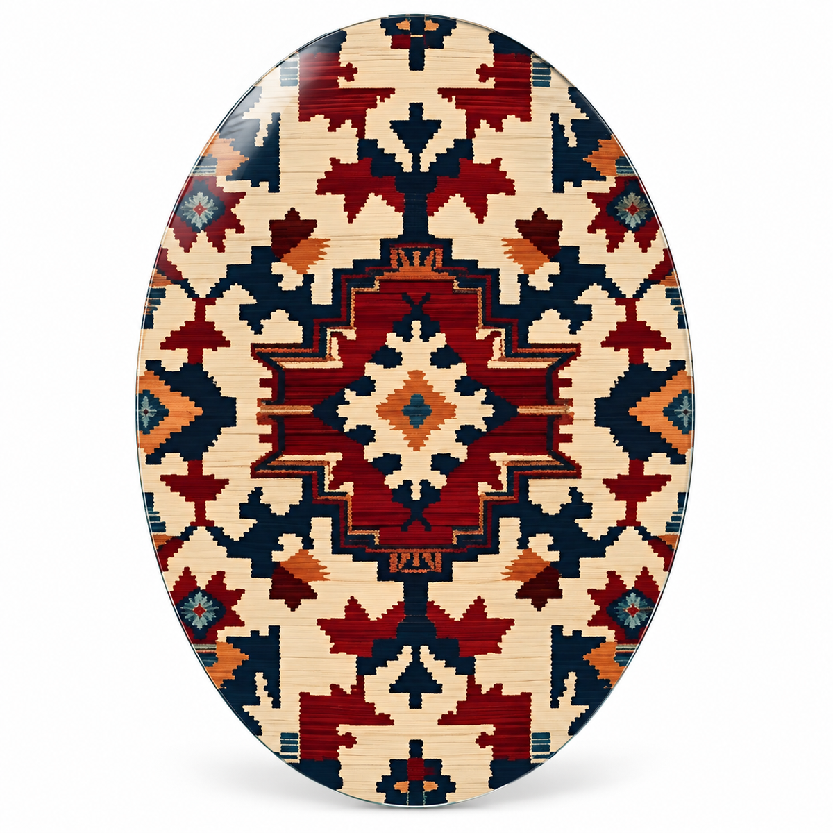 Bordo ve Lacivert Kilim Desenli Dikey Oval Cam Tablo - Beyaz zemin vitrin