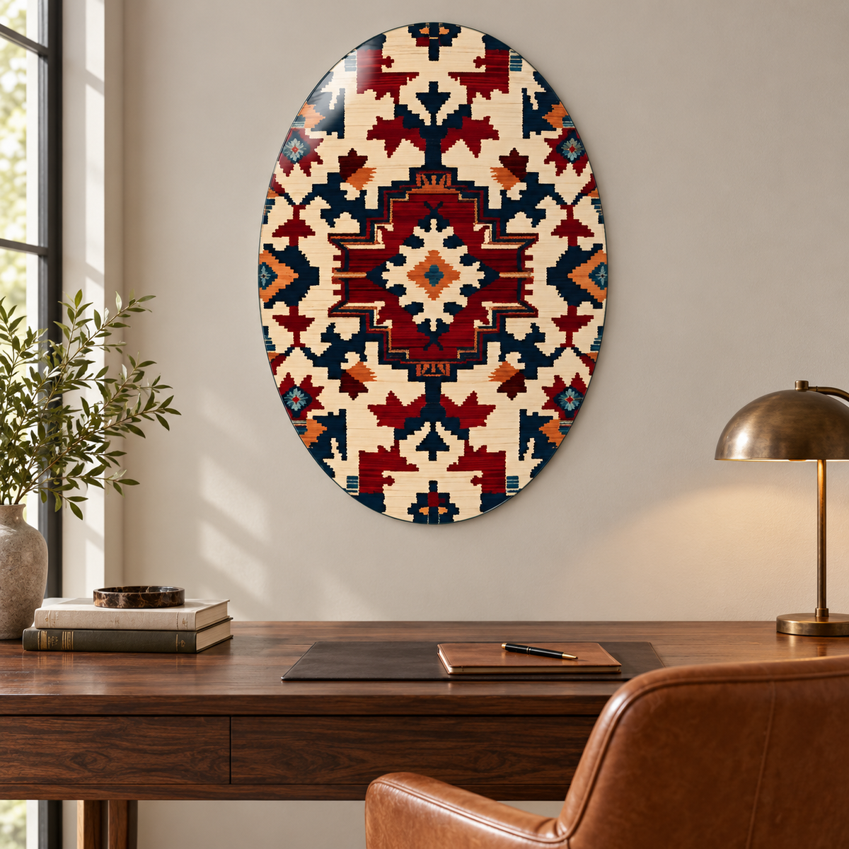 Bordo ve Lacivert Kilim Desenli Dikey Oval Cam Tablo - Çalışma odası