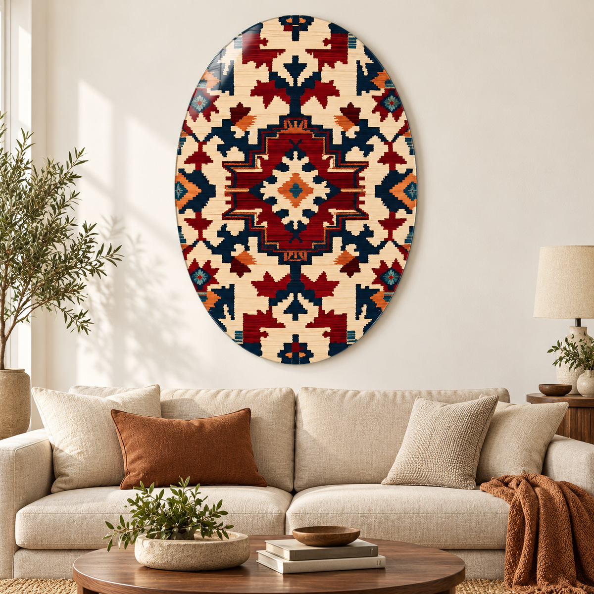 Bordo ve Lacivert Kilim Desenli Dikey Oval Cam Tablo - Premium salon